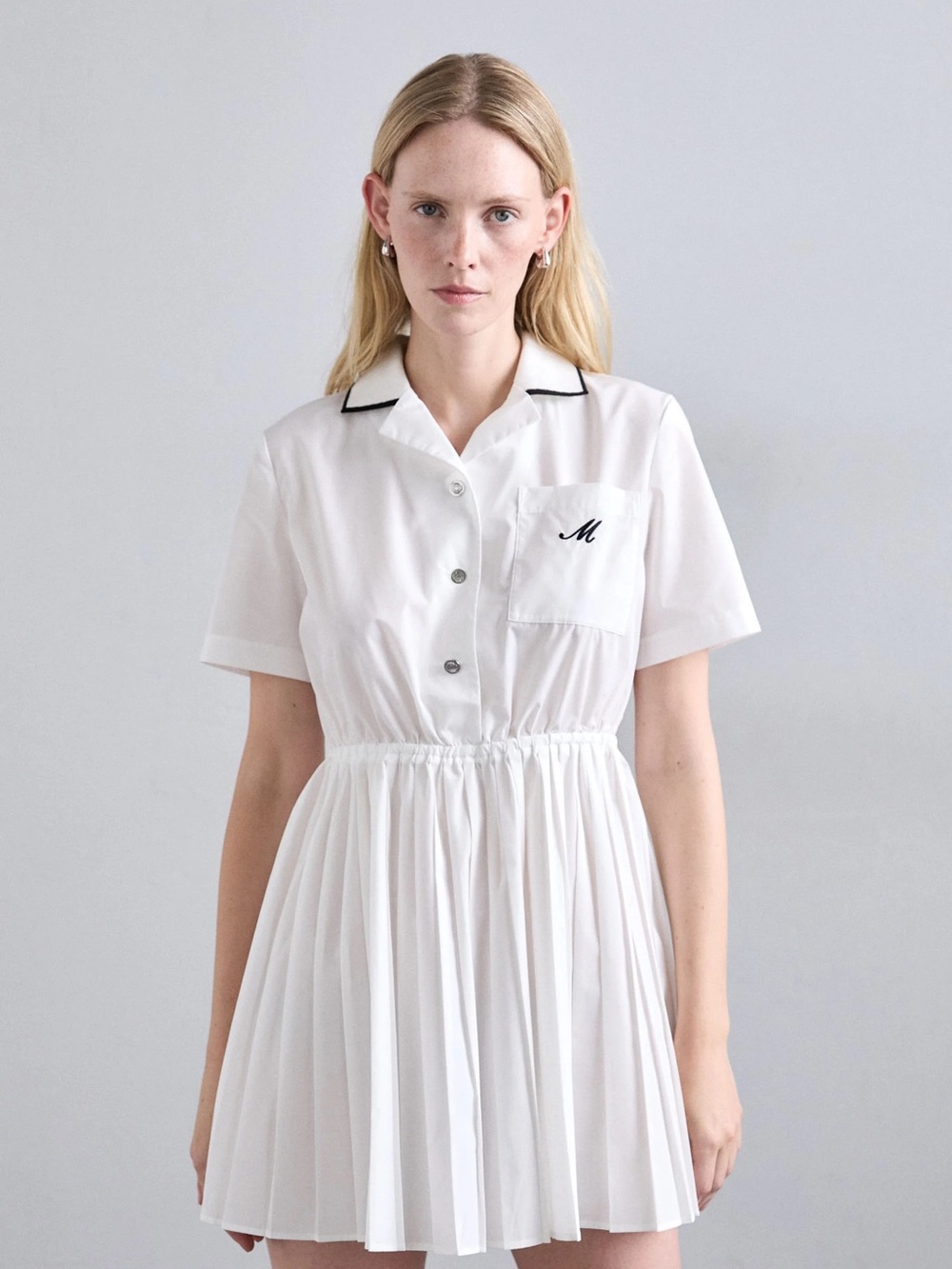 Maje White Short-Sleeve Midi Shirt Dress with Black Trim